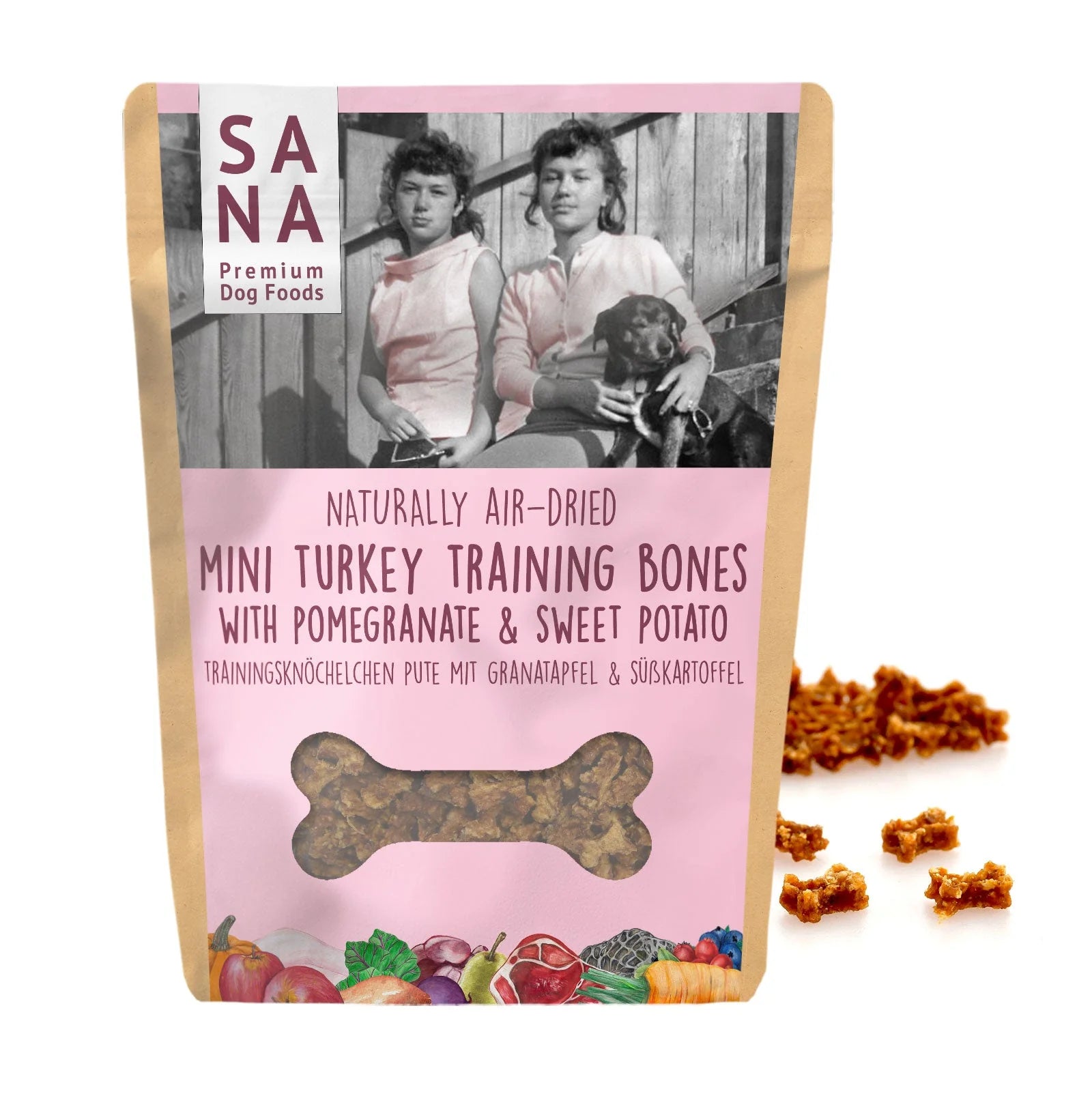 SANA premium dog foods mini turkey training bones with pomegranate and sweet potato. Dog training treats