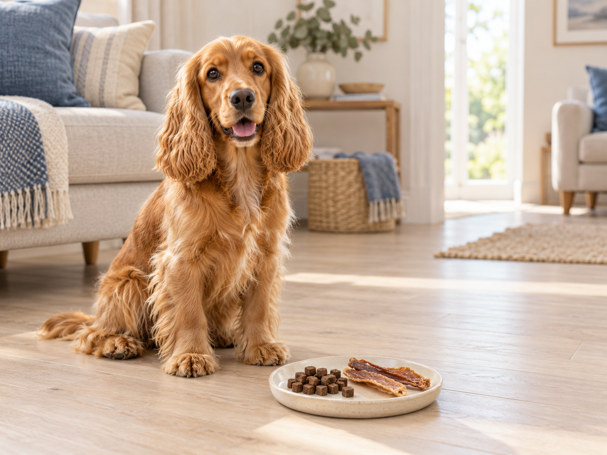 Cocker spaniel beside a selection of dog treats
