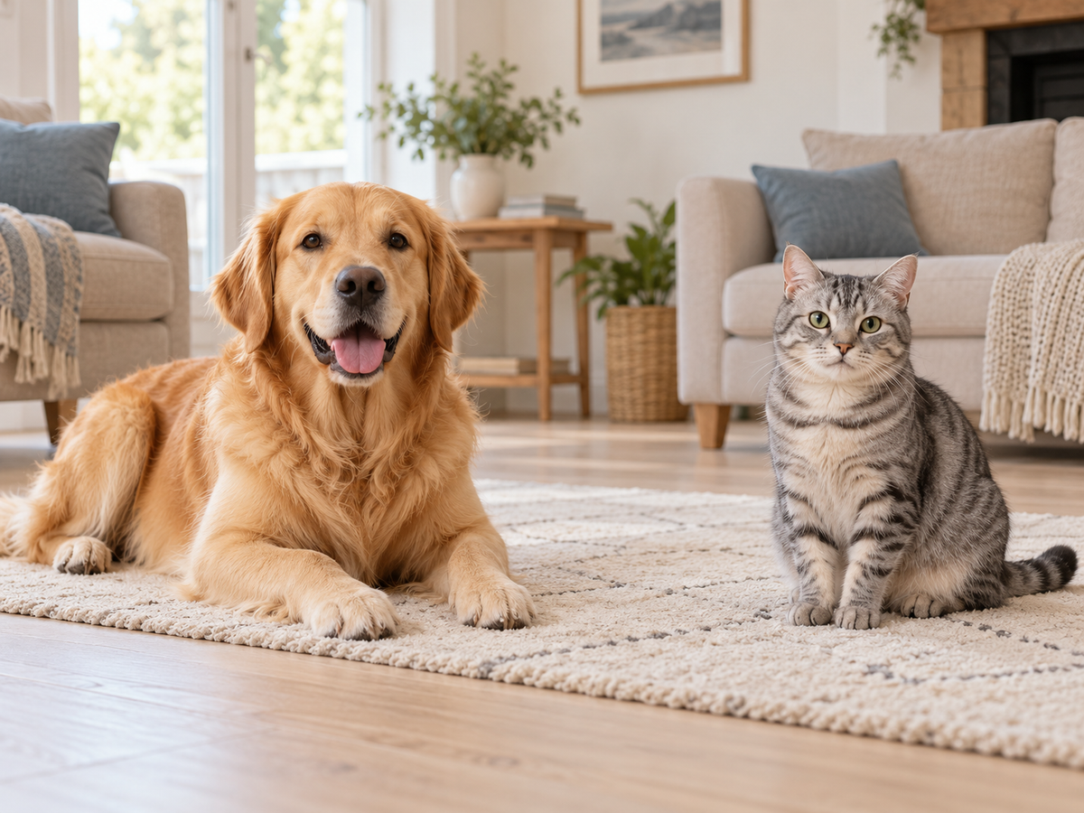 Golden retriever and silver tabby cat relaxing at home