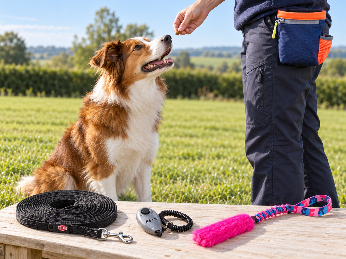 A collie receiving a food reward beside a Coachi treat bag, Trixie long line, Pawise clicker and pink Tug-E-Nuff toy.