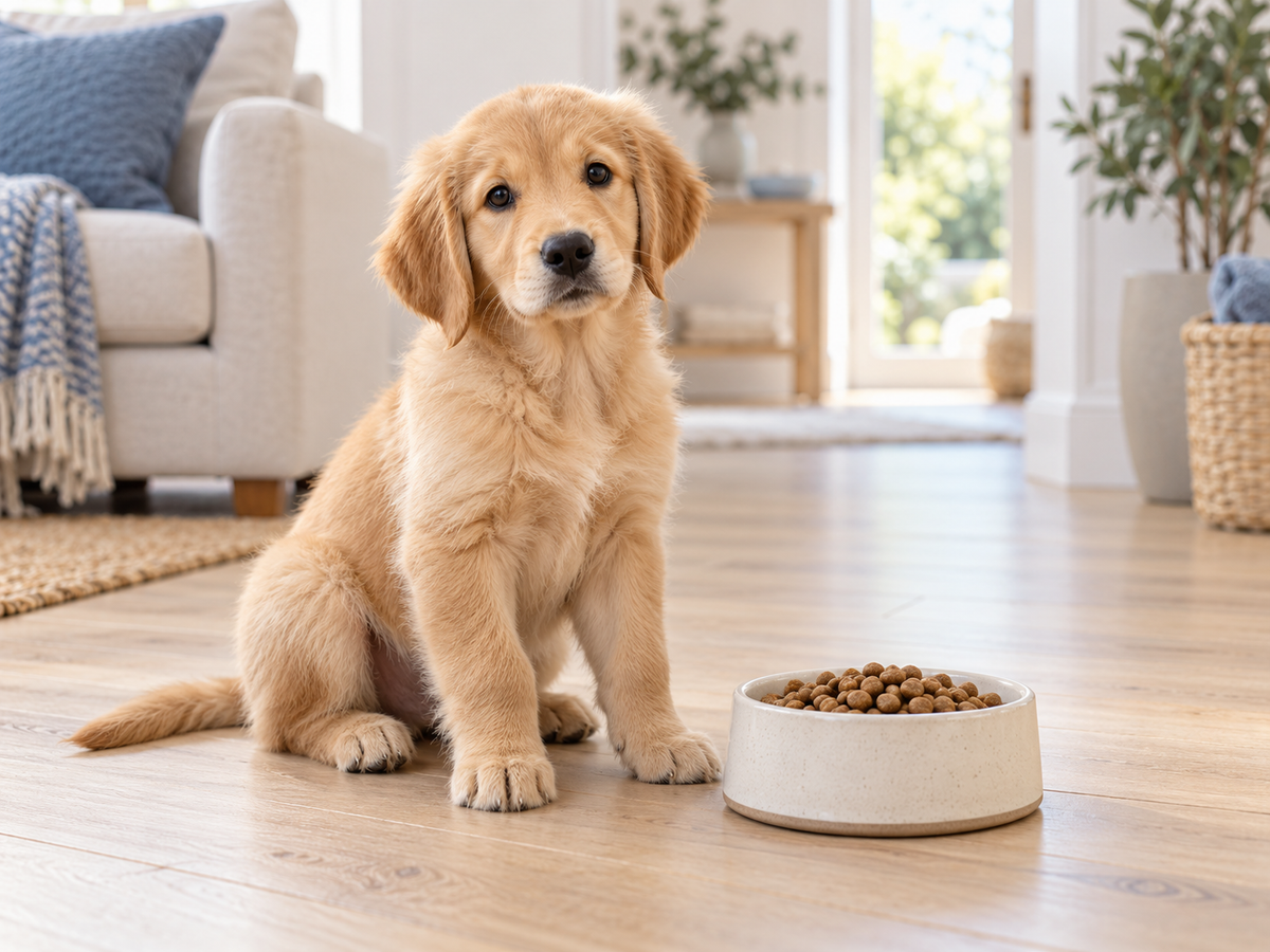 Golden retriever puppy beside a bowl of dry puppy food