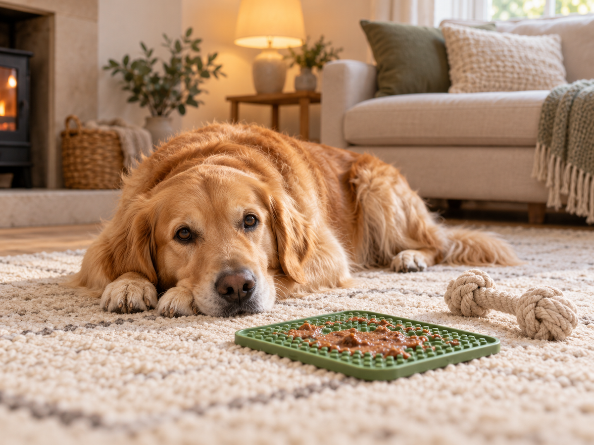 A relaxed golden retriever resting beside an enrichment mat
