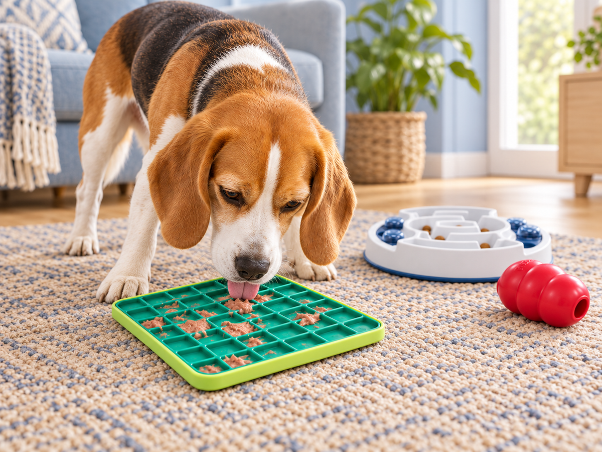 Beagle licking a green LickiMat, with a KONG and Trixie puzzle feeder in the background