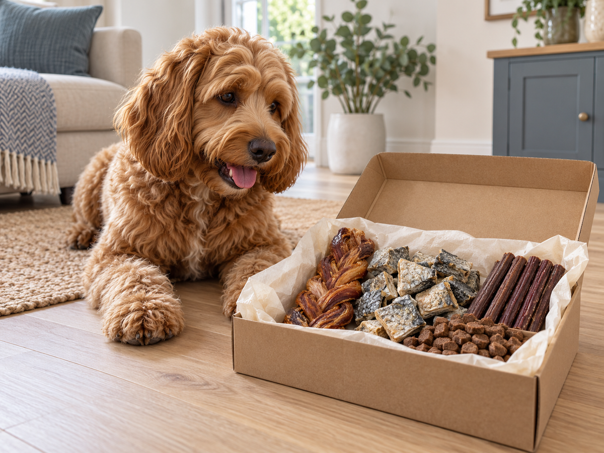 A cockapoo beside a box of assorted natural dog treats and chews