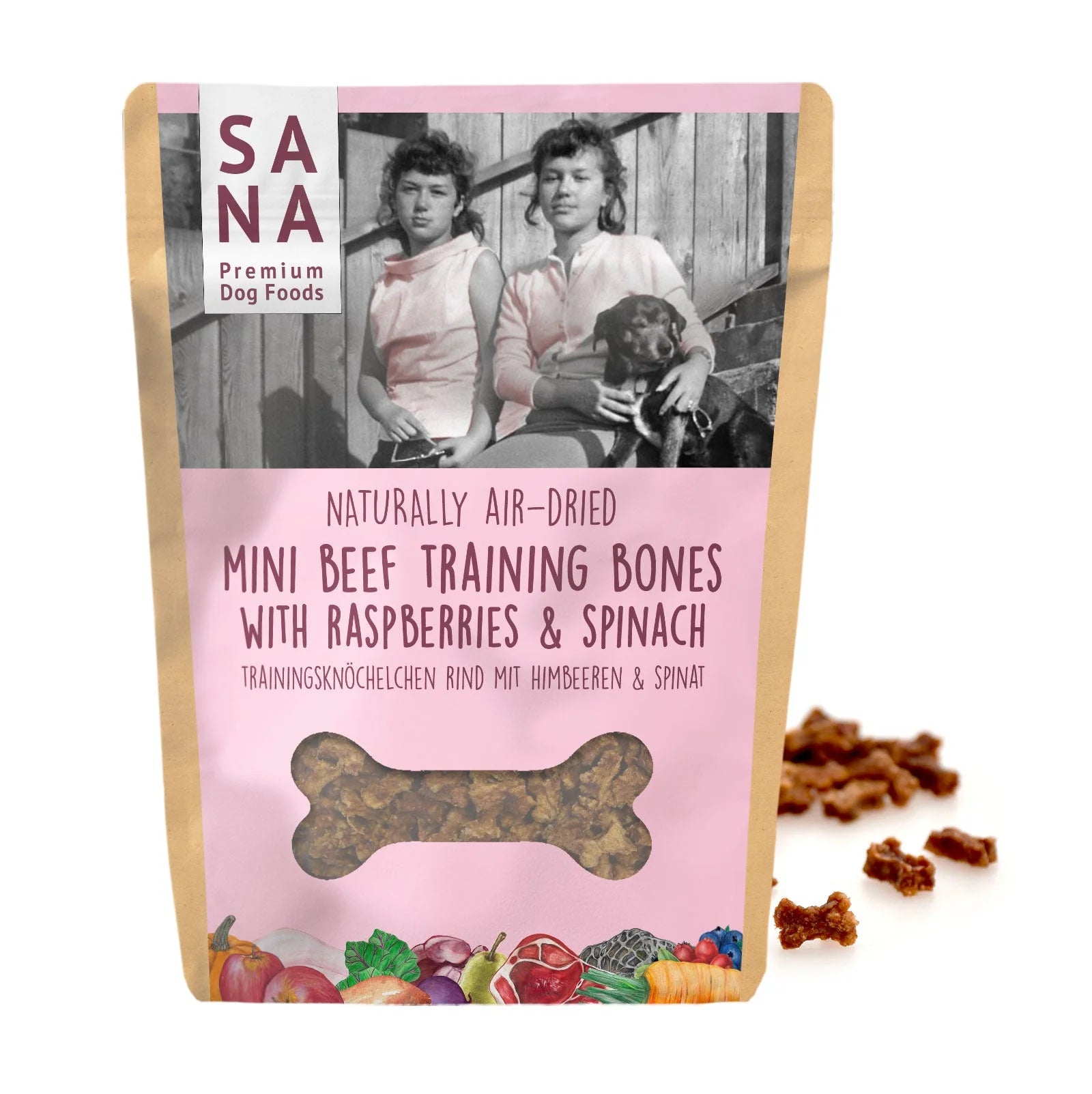 SANA mini beef training bones with raspberries and spinach. training treats for dogs