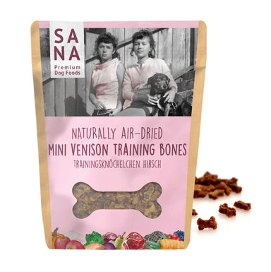 packet of sana venison dog treat bones, air dried for the perfect training treat